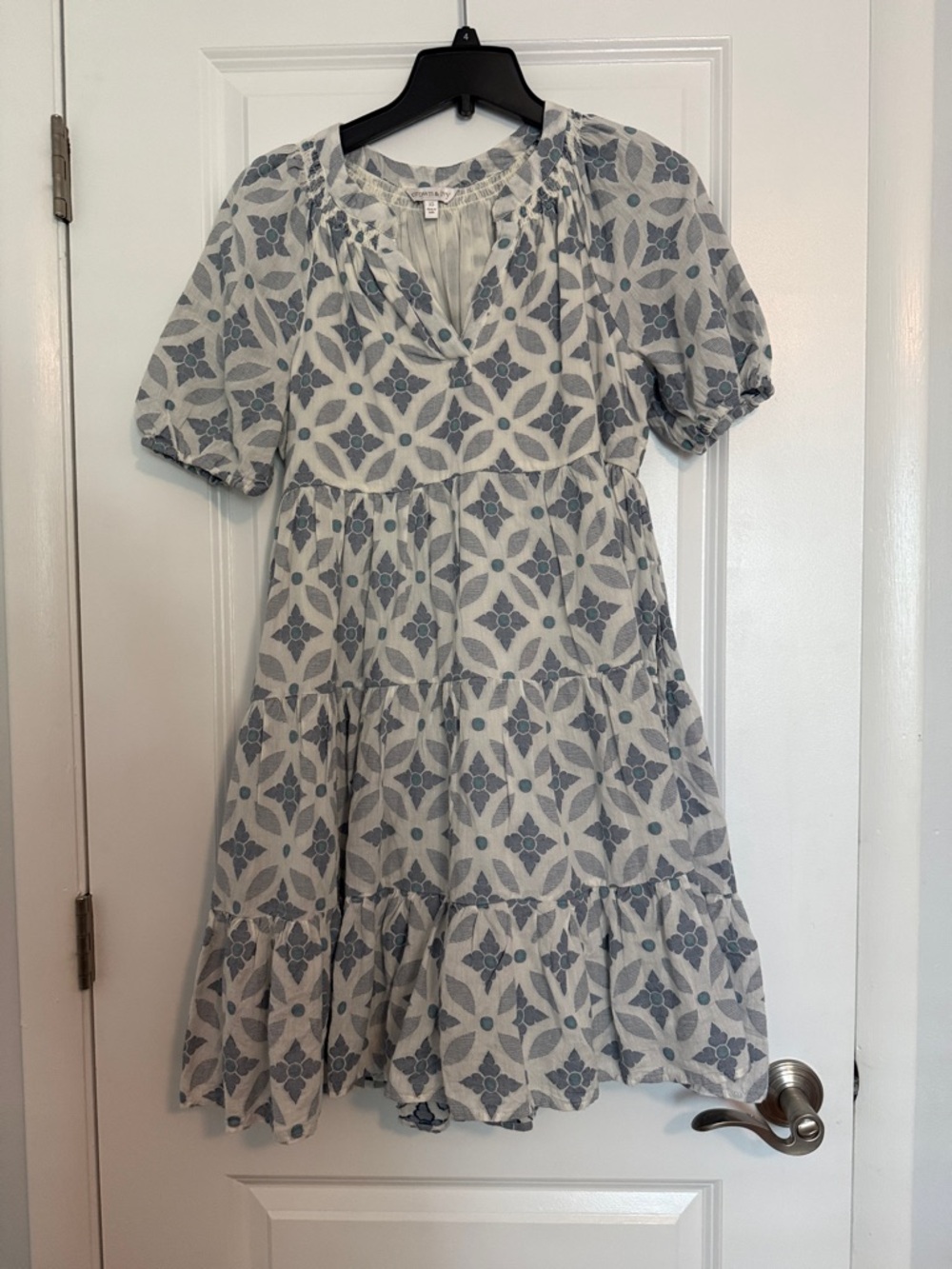 crown & ivy Blue and White Patterned Tiered Midi Dress, with pockets.